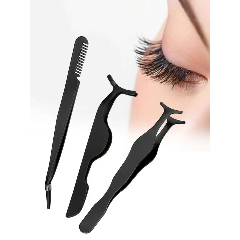 3pcs Set: Black Seahorse + Gourd + Comb & Tweezer, Eyelash Applicator Tools, Essential Makeup Accessories