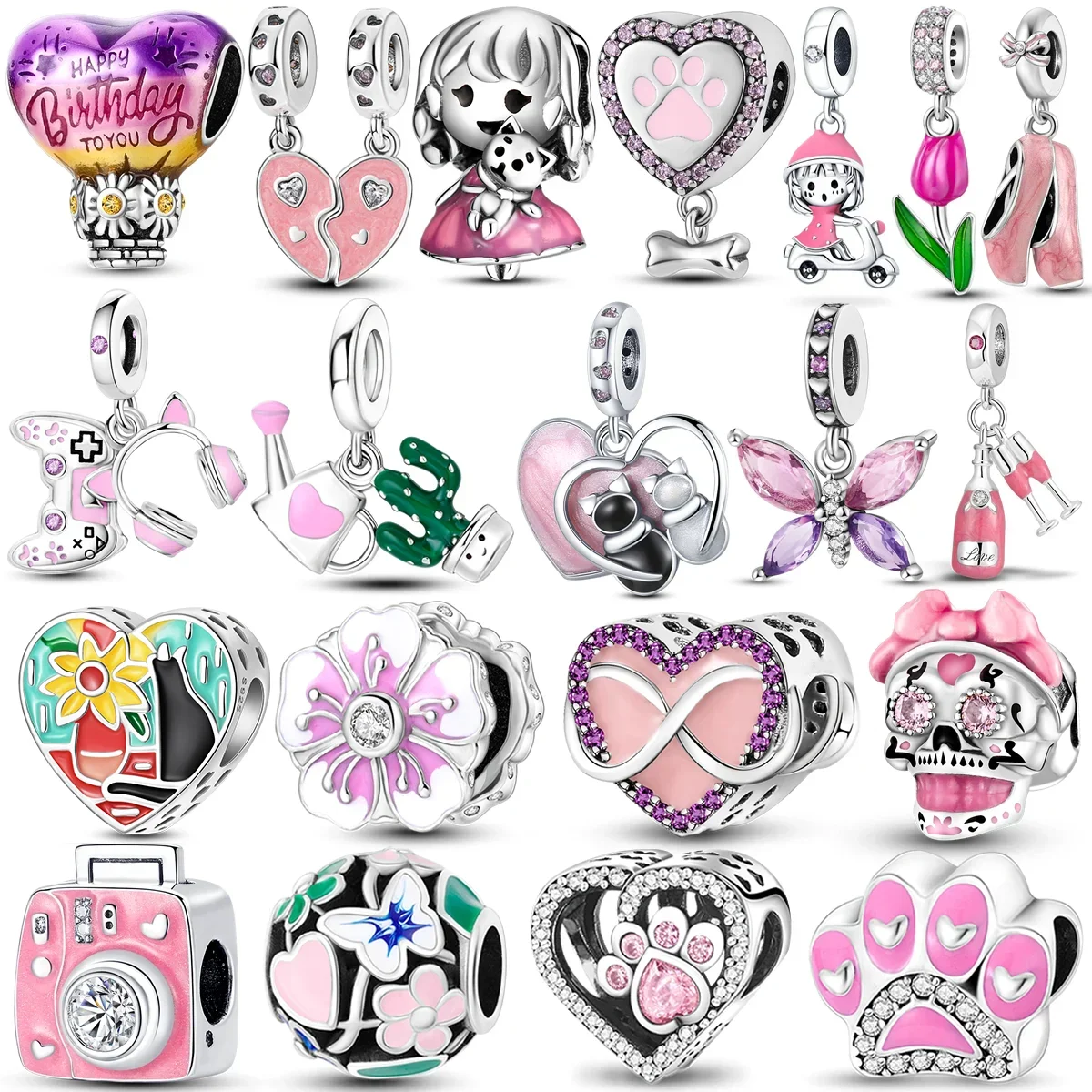 Image of Niedliche Rosa Blumen-Herz-Serie Charms Perlen Passend für Original-Armband Tasche Schlüsselanhänger Ohrring Charm Perlenanhänger DIY Damen Schmuck Geschenk
