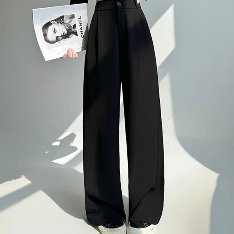 レディースカジュアル無地ストレートパンツ 秋冬 ハイウエストボタンスーツパンツ ゆったりワイドレッグパンツ