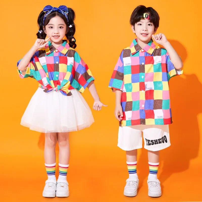 Kinder Cheerleading Gruppe Hip Hop Tanz Kostüm Kinder Tag Jazz Dance Kleidung Jungen Mädchen Top Shorts Röcke Street Dancewear