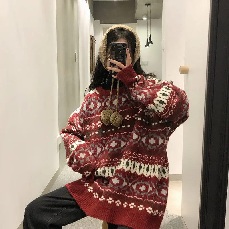 Women\'s Jumper 2023 Vintage Print Christmas Sweater O-Neck Pullover Sueters De Mujer Korean Fashion Loose Women\'s Clothing