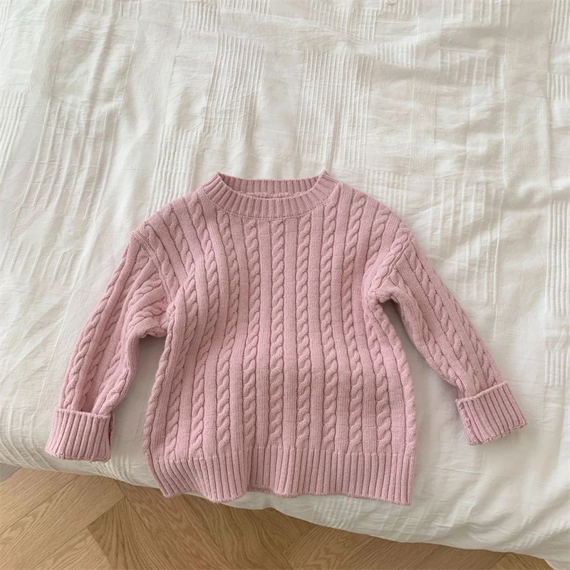 Kids Sweater Autumn Winter Girls Warm Clothes Boys Solid Color Knitted Round Neck Top 1-8 Years Old Children Leisure Pullover