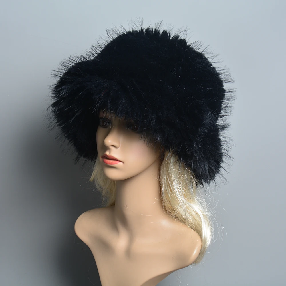 New Women Winter Luxury Knitted Faux Fur Bomber Hat Natural Warm Faux Fur Cap Girls Quality Soft 100% Genuine Faux Fur Hats