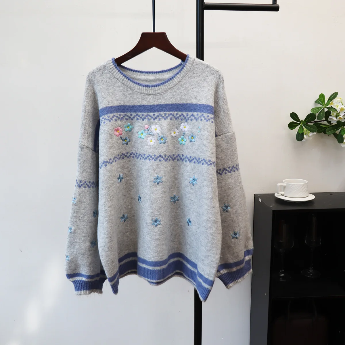 

Пуловеры, женские свитера с круглым вырезом, повседневные свободные джемперы с цветочным принтом Y2k, уличная одежда, элегантная вязаная вышивка, осень-зима 2025