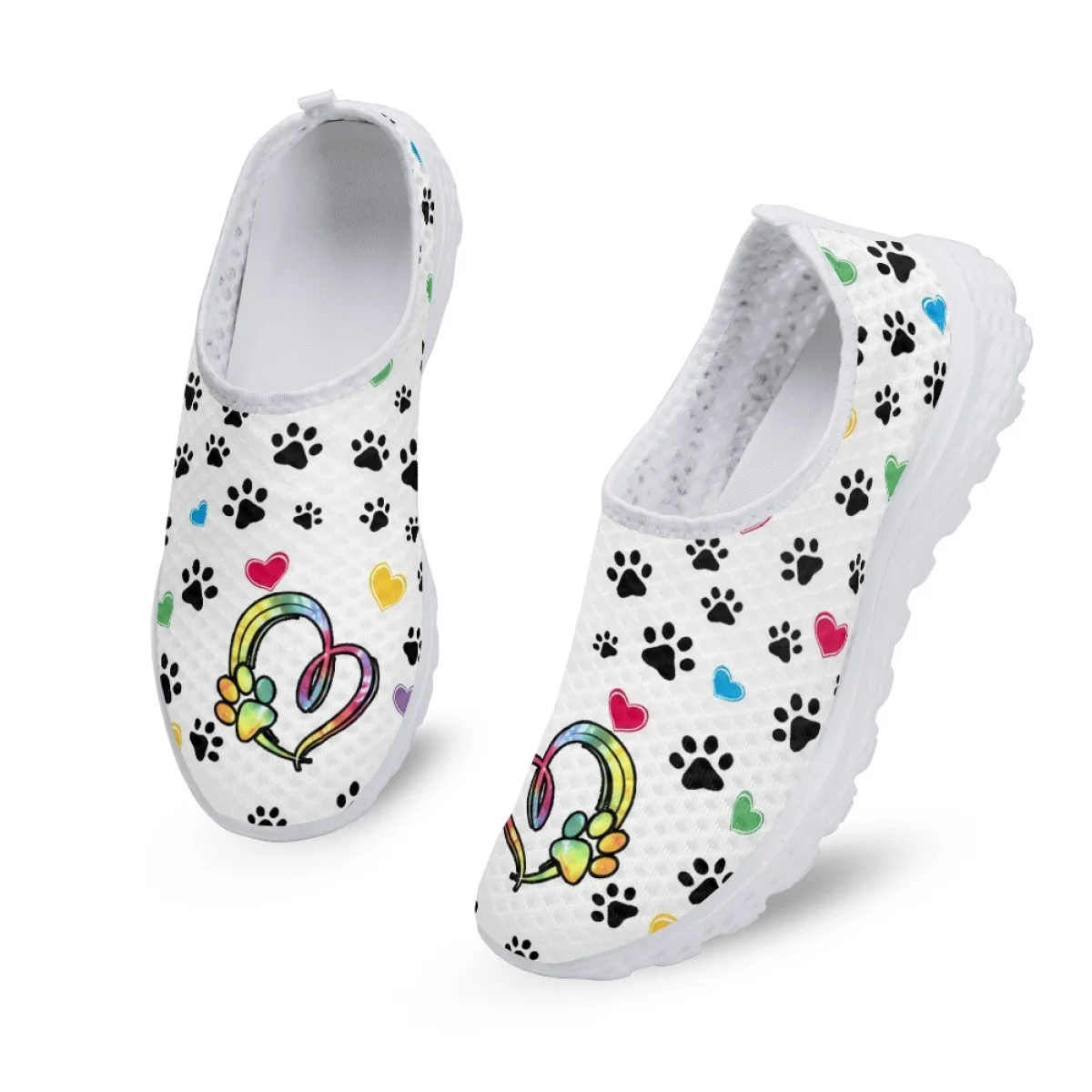 INSTANTARTS Colorful Dog Paw Print Love Ladies Cute Summer Outdoor Sneakers Casual Comfortable Flats Niche Mesh Walking Shoes