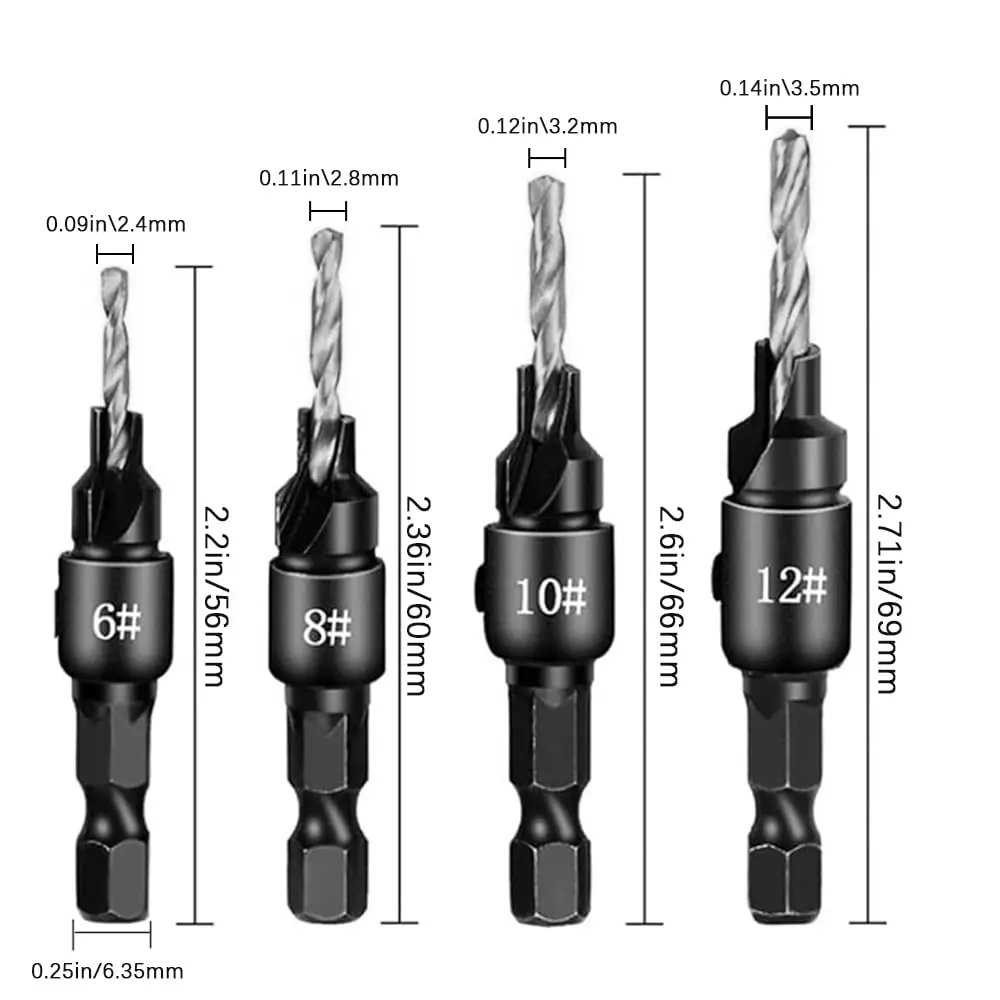4Pcs Countersink Drill Bit Set, Adjustable Wooden Drill Bit Set, #6#8#10#12 Countersink Drill Bit with Depth Stop,1/4” Hex Shank