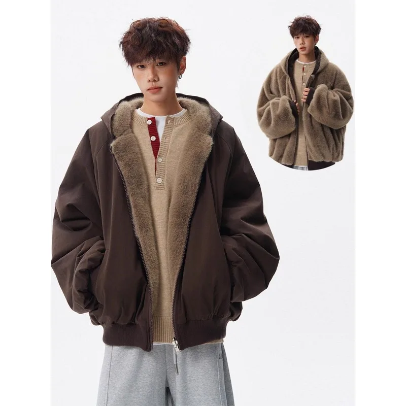 Trendy Reversible Faux Fur Cotton Jacket for Men Winter American Cool Warm Hooded Coat Retro Versatile Perfect Couples Jackets