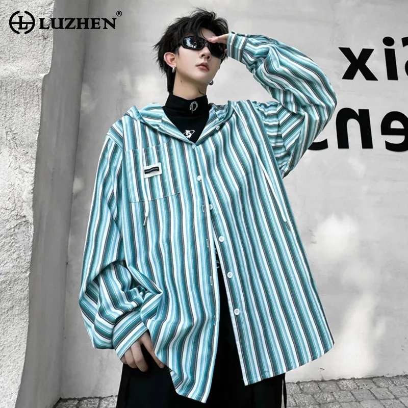 

LUZHEN Autumn Hooded Striped Loose Long Sleeved Shirt Trendy Clothing Personalized Casual Youth Niche Design Men Tops LZ6463