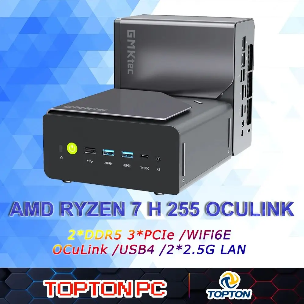TOPTON nuevo Mini PC Gaming AMD Ryzen 7 H 255 OCuLink Dual NIC LAN 2,5G ordenador de escritorio HDMI/DP/USB4/tipo-c salida de cuatro pantallas