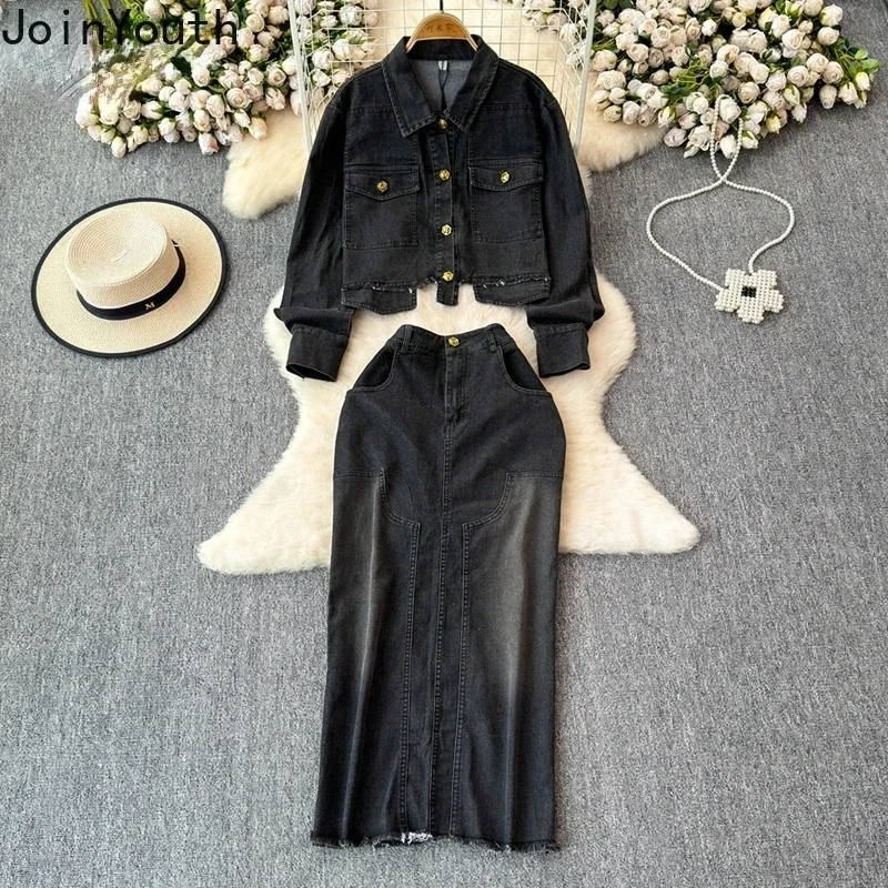 Denim Outfits Fashion Two Piece Sets for Women\'s Long Sleeve Lapel Neck Crop Coat High Waist Bodycon Skirts Suit Casual Y2k Set