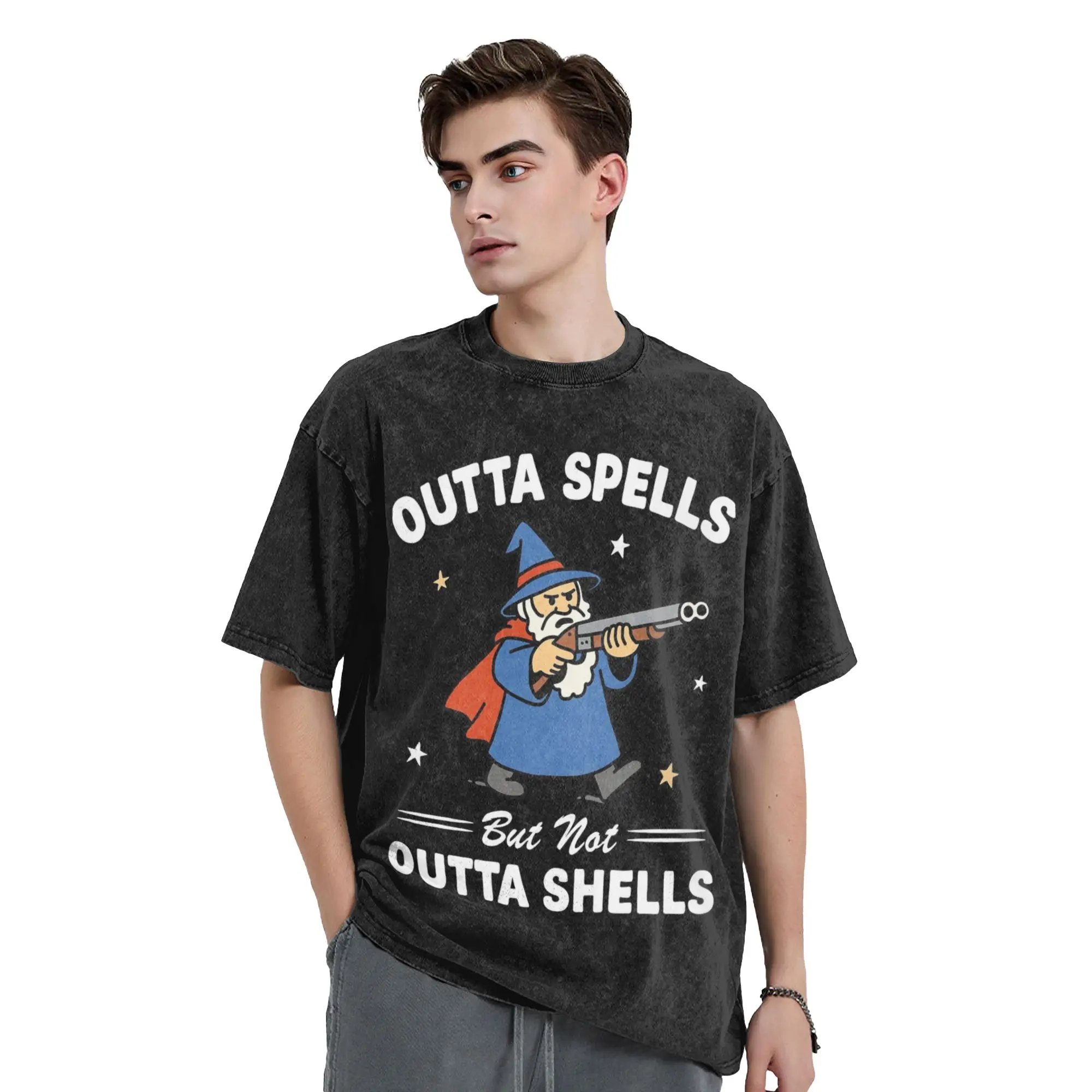 Outta Spells But Not Outta Shells Washed T Shirt Streetwear Hip Hop Retro T-Shirts Tees for Men Women Short Sleeve Summer