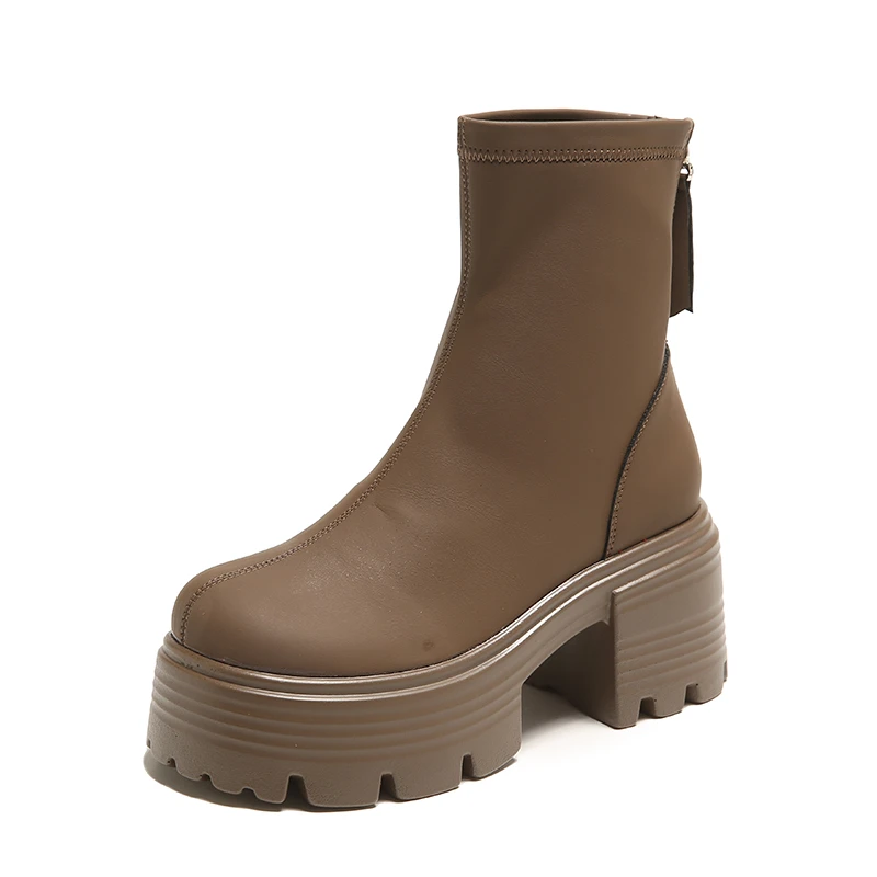 

8CM Autumn Chunky Boots High Platform Leather Sneakers Women Round Toe Chelsea Boots British Style Thick Sole Female Ankle Shoes