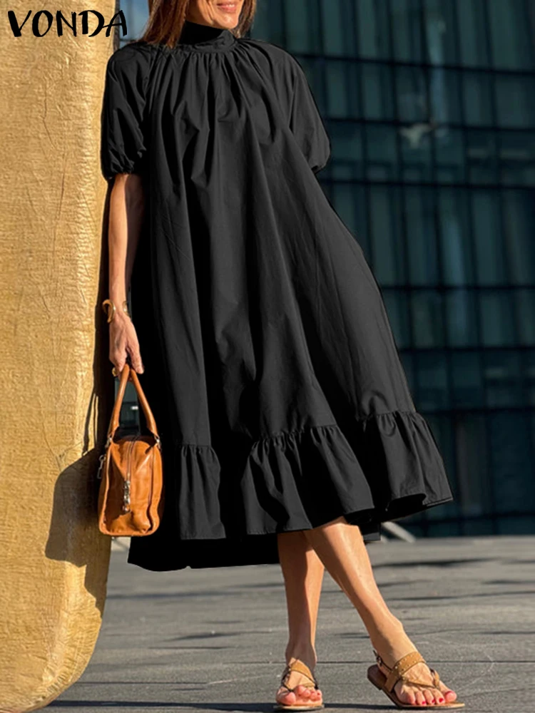

VONDA Ruffled Dress Women Solid Short Sleeve Midi Sundress Elegant OL Work Vestidos 2025 Fashion Bow Tie Neck Casual Loose Robe