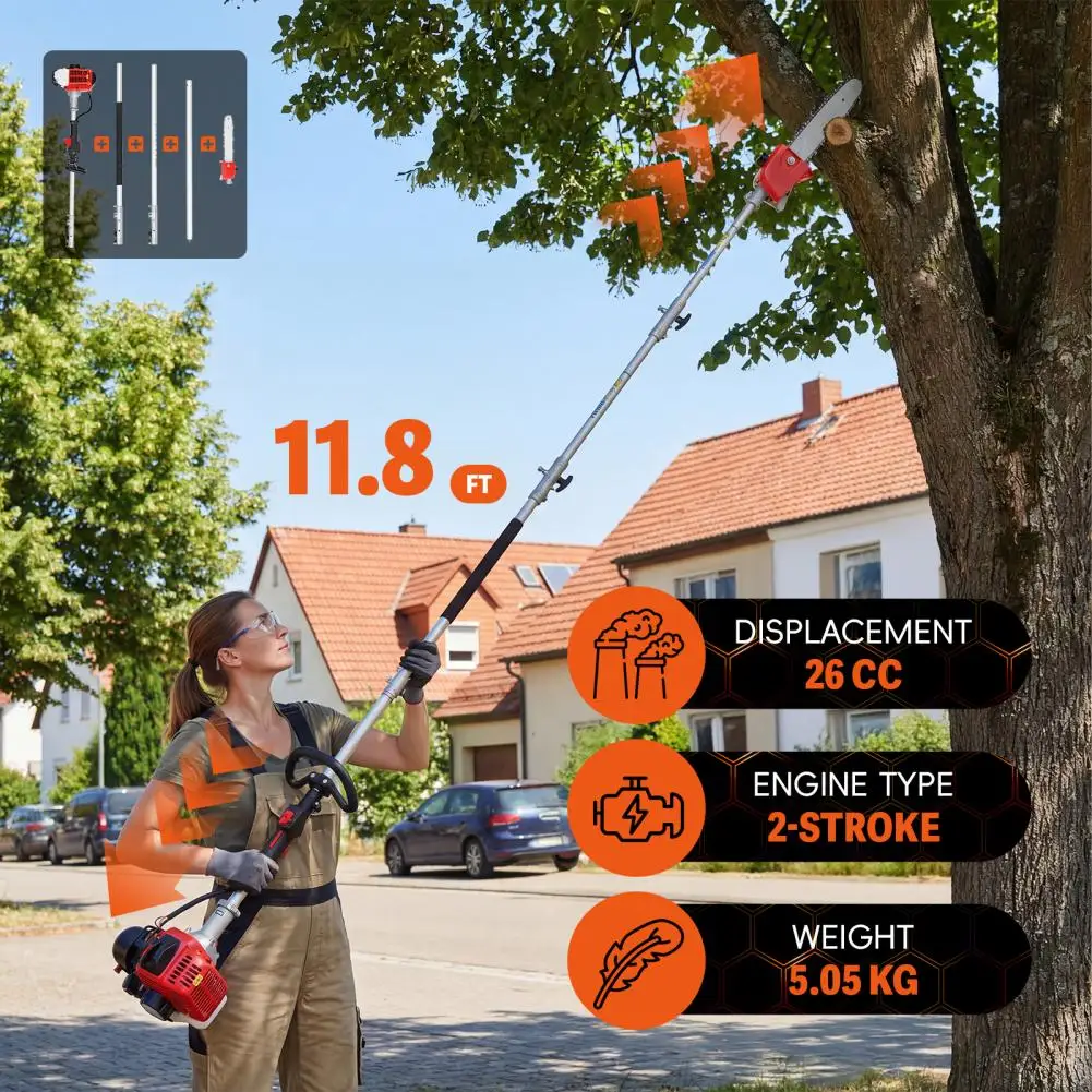 Pole Saw, 2-Stroke Cordless Strong Power Low Noise Gas Powered Chainsaw, 26CC Labor Saving Protective Cover Extendable Pole Saw