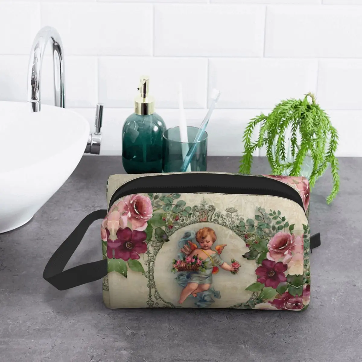 Borsa cosmetica da viaggio con angelo vittoriano rosa Vintage personalizzata per le donne Organizer da toilette per trucco Lady Beauty Storage Dopp Kit