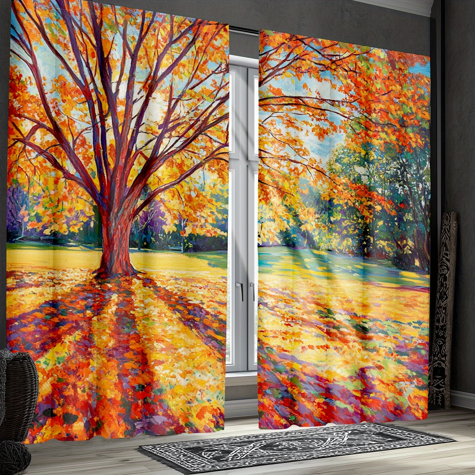2pcs Autumn Tree Curtains 2D Flat Print Polyester Light Filtering Rod Pocket Bedroom Living Room
