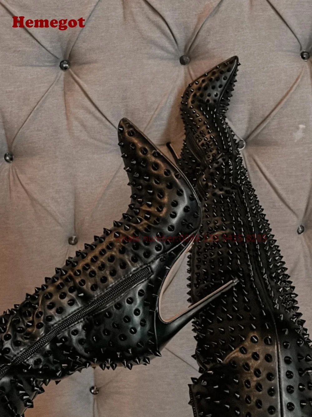 

Studded Pointy Thigh High Boots 2024 Winter Stiletto Side Zipper Black Women's Long Boots Rivet Thin High Heels Runway Shoes