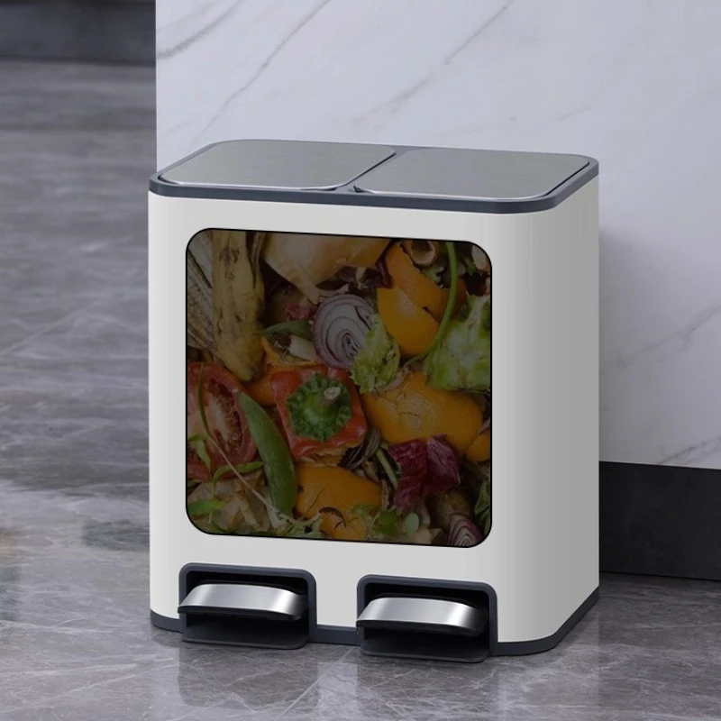 

‌ Ступенчатый мусорный бак из нержавеющей стали, мусорный бак с двумя отделениями, кухонный с отделением для сухого и влажного воздуха, контейнер для переработки с двойным ведром