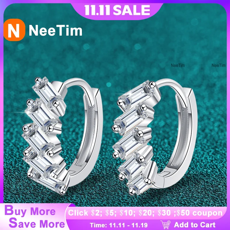 

NeeTim серьги-кольца изумрудной огранки с муассанитом для женщин, свадебные роскошные ювелирные изделия, серебро 925, серьги с покрытием из белого золота