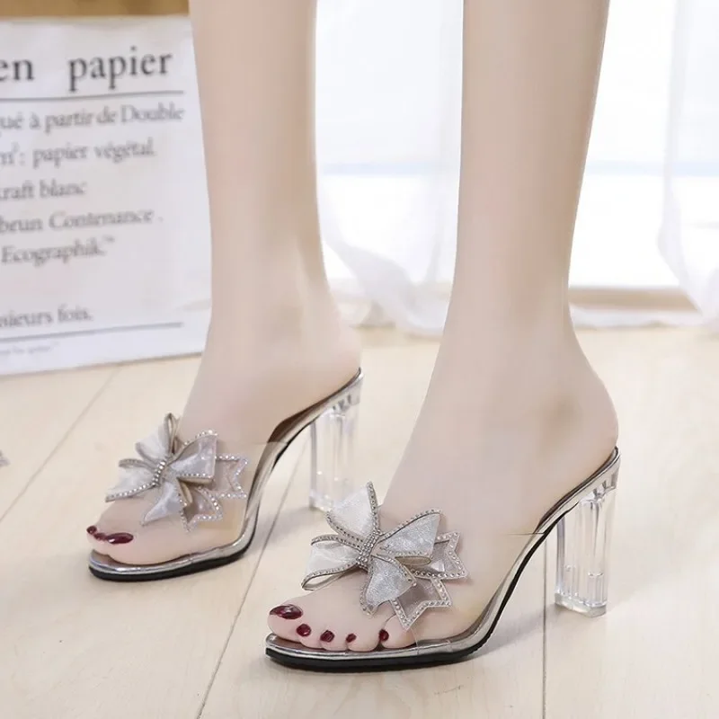 Slippers Women\'s Super High Heel  Rhinestone Bow Transparent Thick Heel Sandals 2024 New Women Shoes Women Mujer Purple