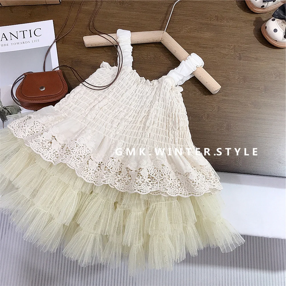 Korean version of girls' summer new beef tendon pleated embroidered suspender top girl baby yellow mesh skirt