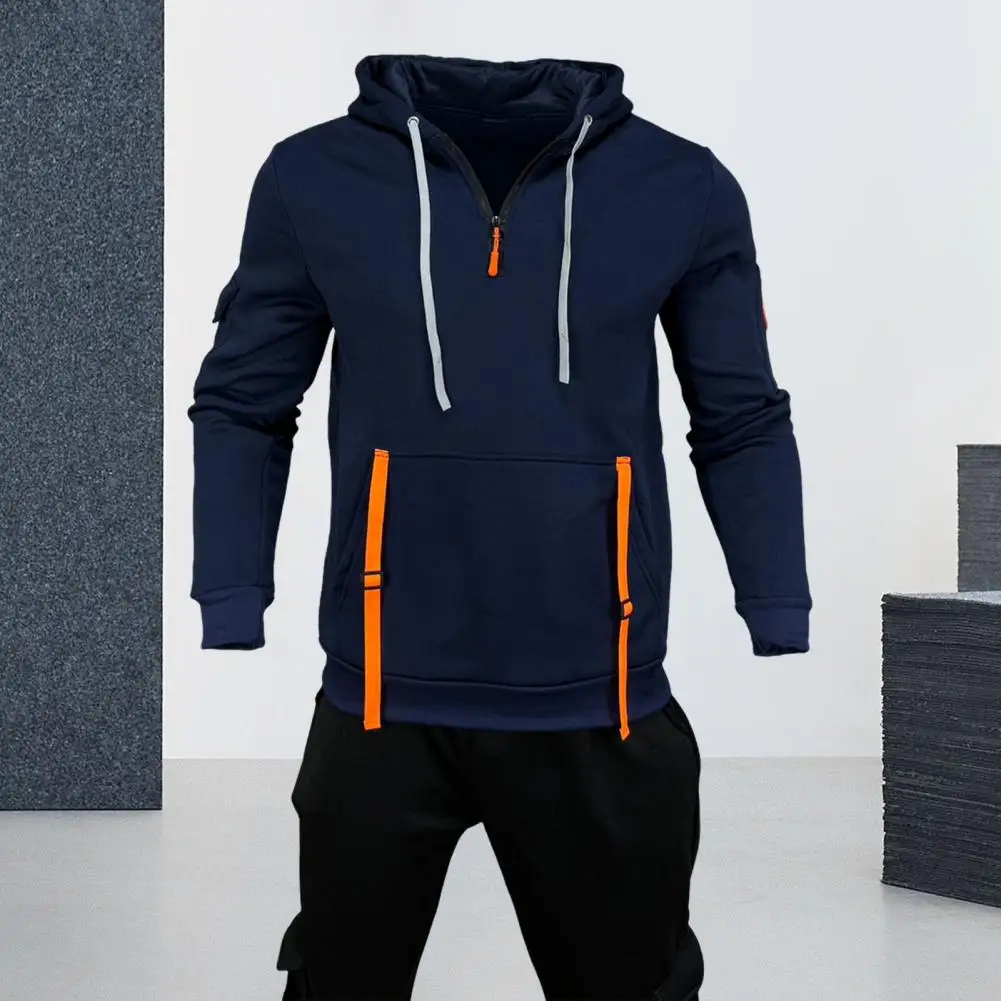 Men Hoodie Men Fall Hoodie Men's Zipper Hoodie with Pocket Strap Detail Solid Color Drawstring Pullover Mid Length for Fall