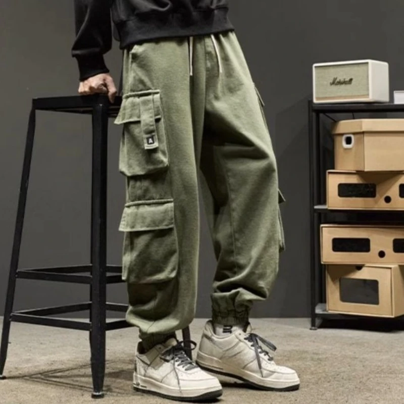สีกากีกางเกงชาย BIKER ต่ําราคาไนลอนหลวม Harajuku คุณภาพสูง Emo ผ้าฝ้ายแฟชั่น Long Street Designer Men's Cargo กางเกง