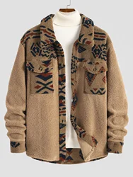 ZAFUL Men's Fleece Fluffy Colorblock Aztec Geometric Print Ethnic Pocket Teddy Jacket