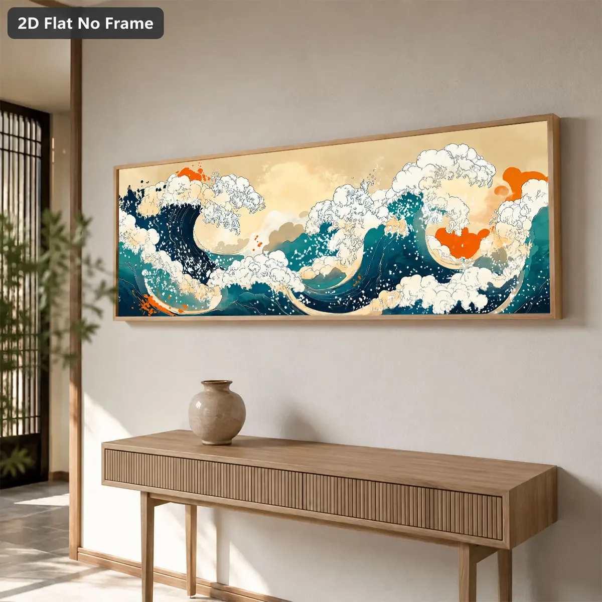 Horizontal Japanese Ukiyo-e Ocean Wave Wall Art, Teal Sea Wave Print, Wide Vintage Canvas for Living Room Sofa Decor Posters