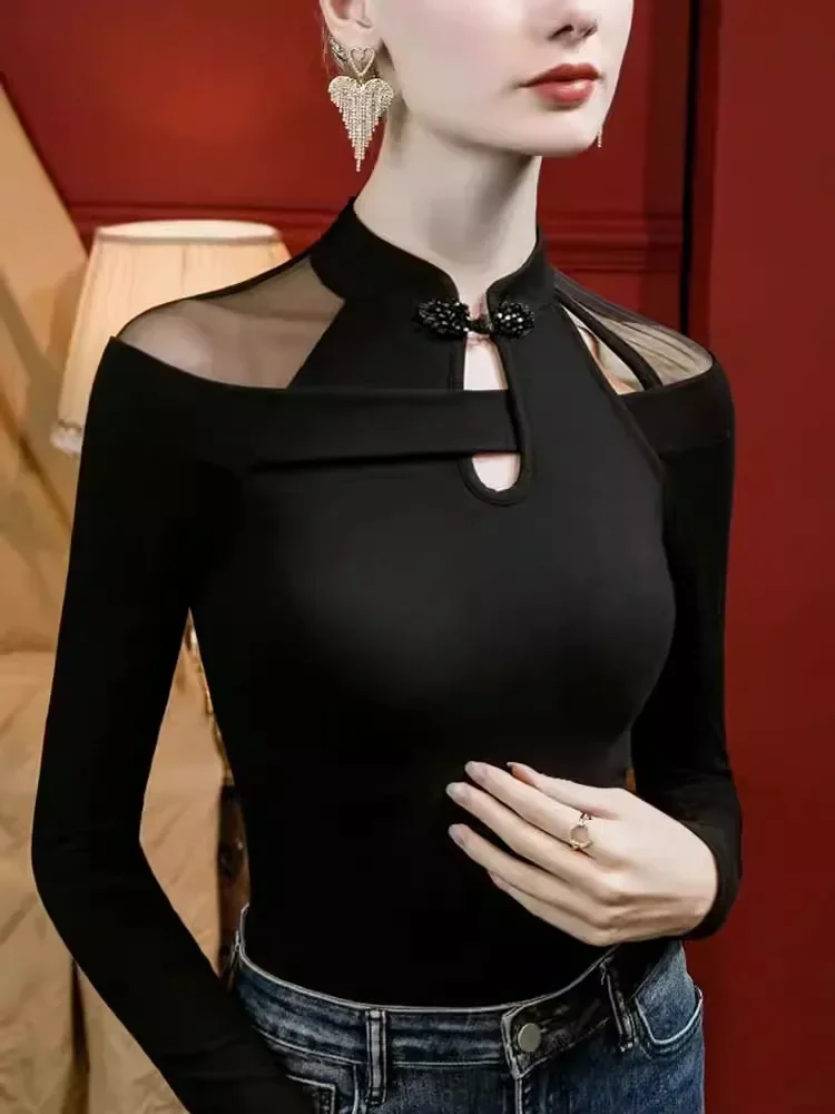 Vintage Irregular Mesh Long Sleeve T-Shirt, Show Collarbone Tops for Fall and Winter, Unique Qipao Base Shirt for Women WJ118
