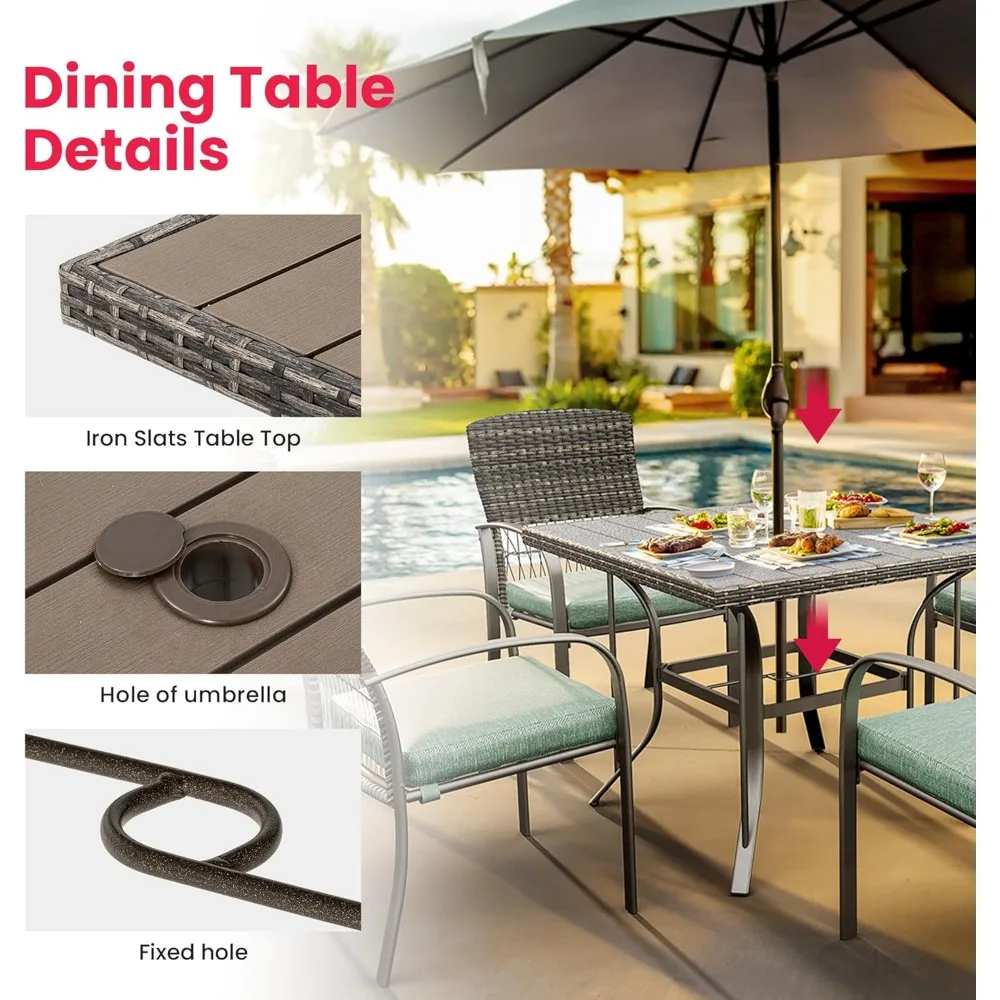 طقم طعام فناء مكون من 5 قطع مقاوم للطقس باللون الأخضر مع طاولة وكراسي من الروطان PE، وسائد مريحة، سهلة الصيانة