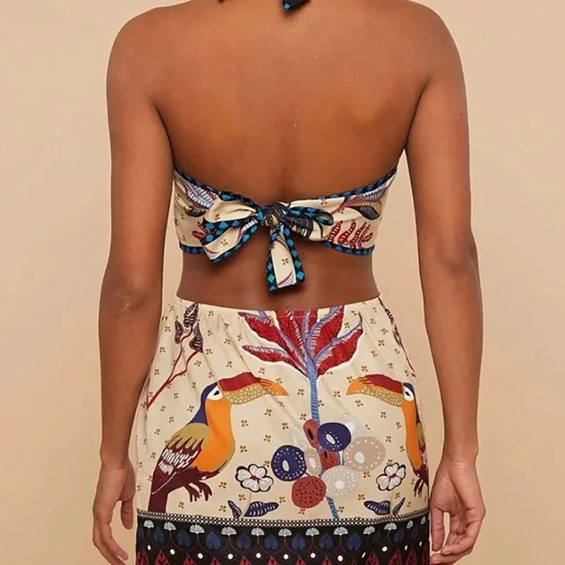 2025 elegante sem costas rendas vestido curto sexy sem mangas halter bohe mini vestido feminino moda padrão impressão magro a linha vestido