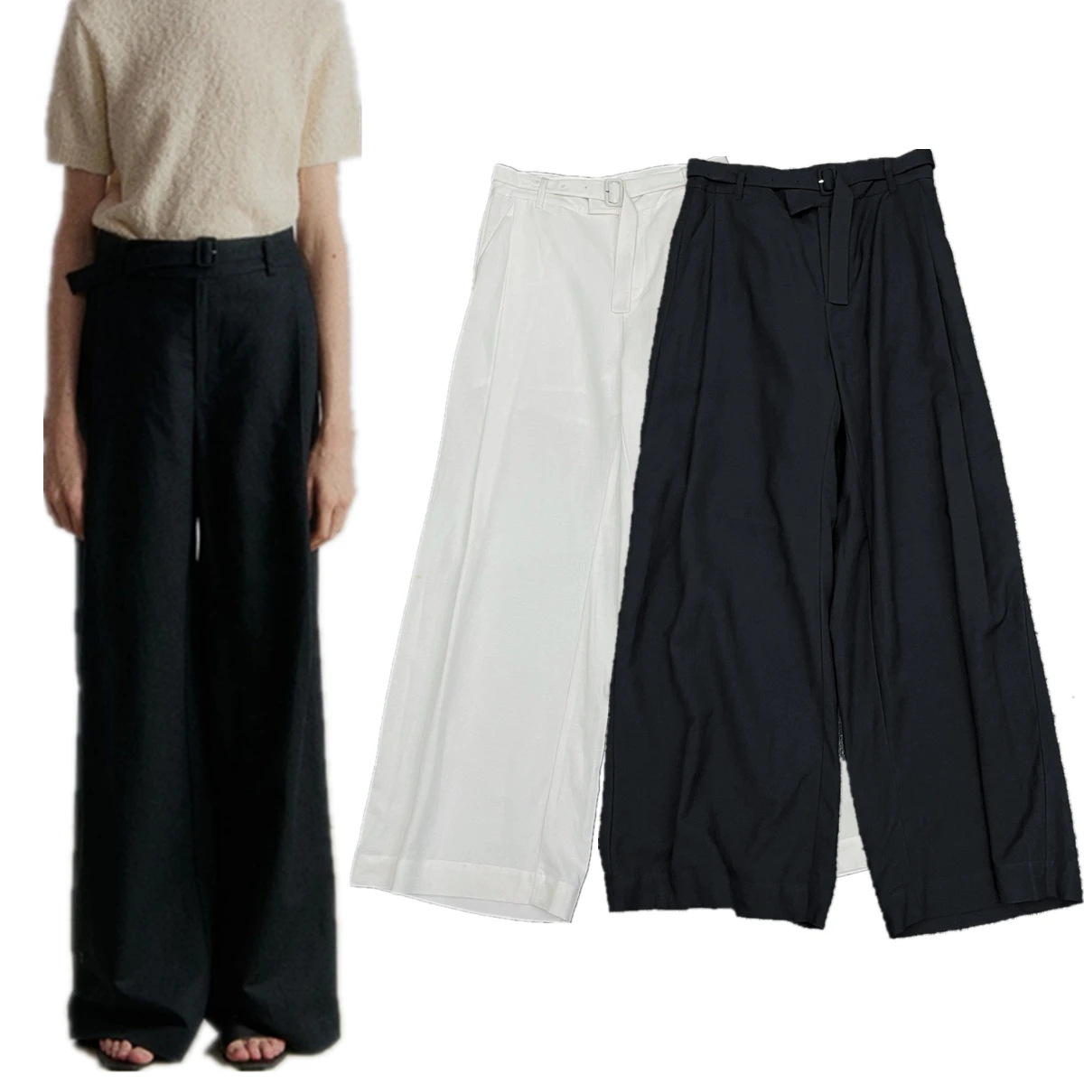 

Jenny&Dave French Laziness Cotton Linen Wide Leg Pants For Women Summer 2025 Belt High Waisted Pleated Loose Trousers Women