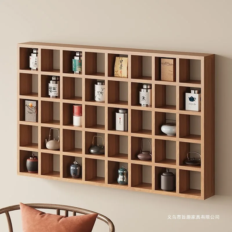 Solid wood lattice frame Wall shelf Wall hanging storage cabinet Teapot teacup display stand Duobao Pavilion Bogu frame
