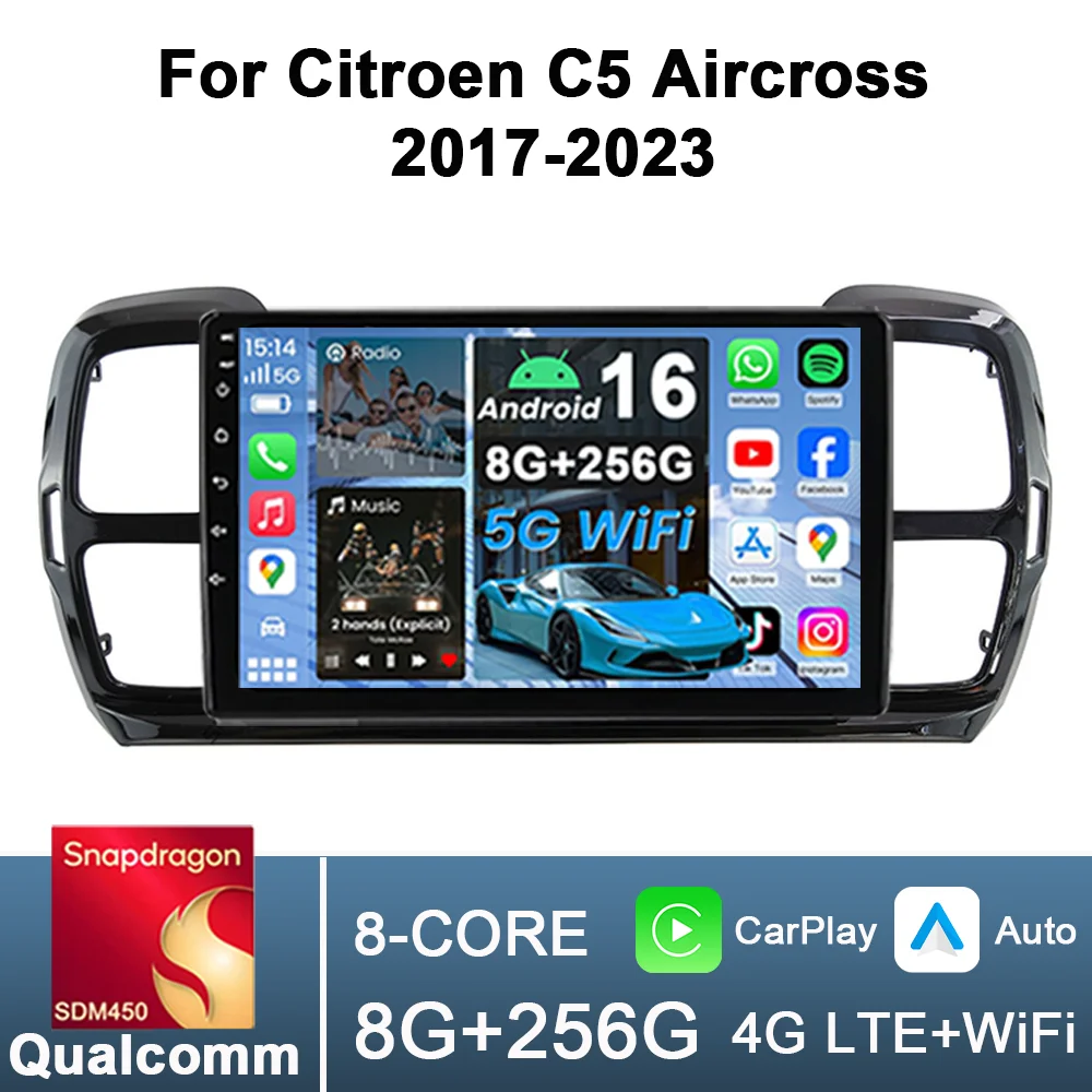 

Qualcomm 8 Core Carplay Car Radio for Citroen C5 Aircross 2017-2023 GPS Navigation Stereo Auto Multimedia Player Wifi IPS Screen