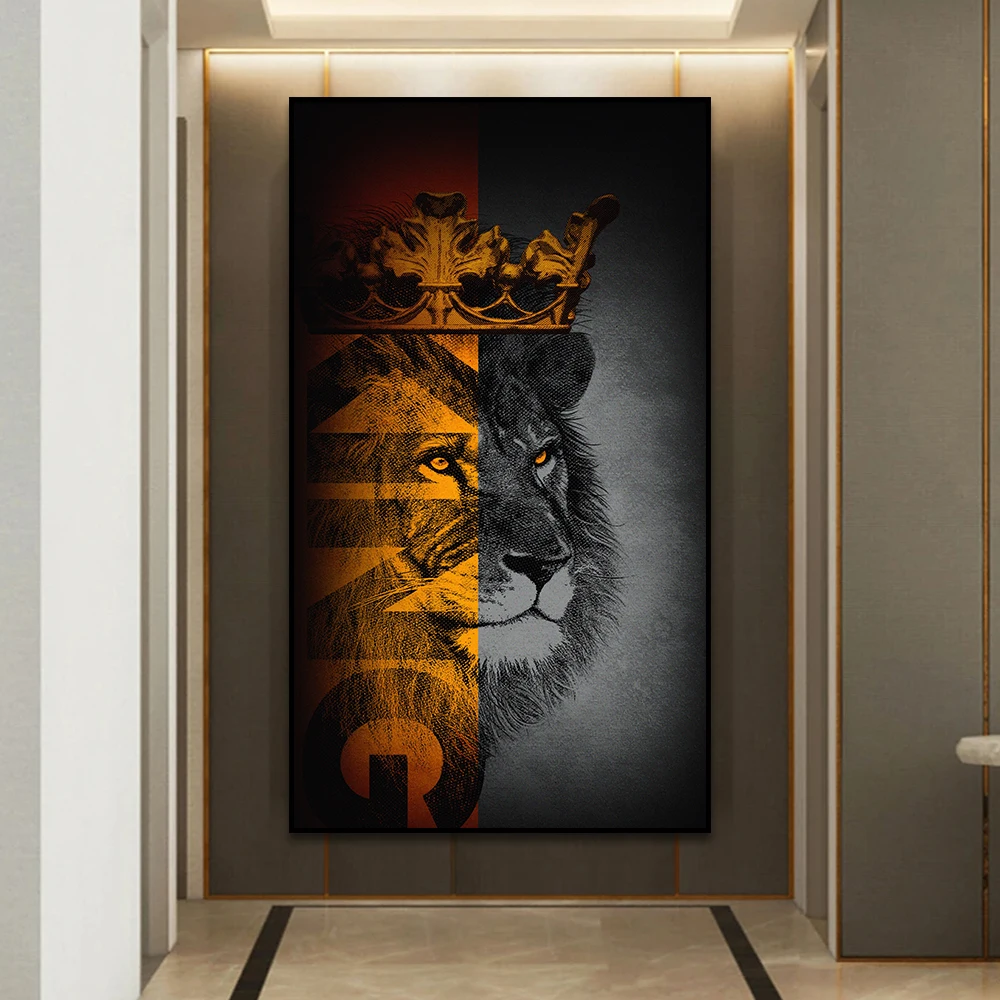 

Black White Orange Lion King Portrait Painting Modern Wall Art Canvas Painting Print Animal Picture for Room Home Decor Cuadors