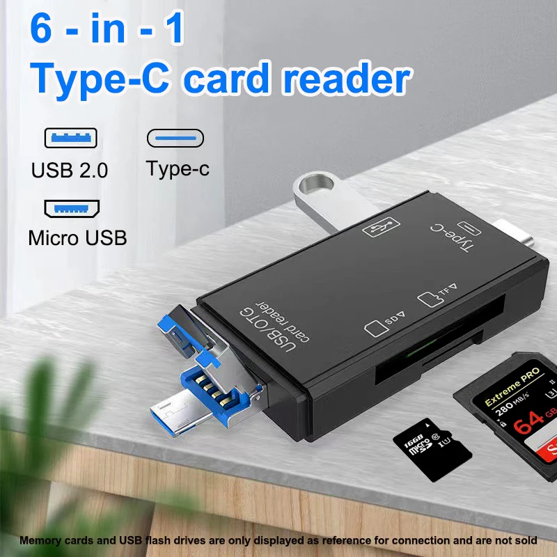 

6 in 1 Multifunction Card Reader OTG Type C Micro SD Card Reader Flash Drive Smart Memory Card USB 2.0 TF Card reader Adapter