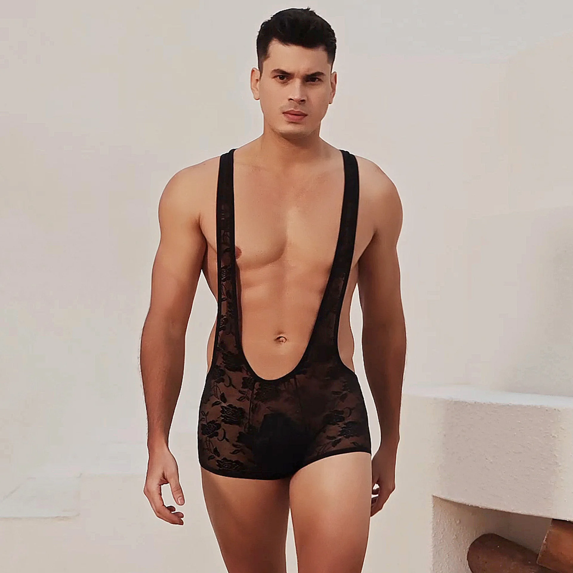 

Sexy Men Lingerie Strap Style One-Piece Boxer U-Shaped Convex Pouch Design Transparent Jumpsuits Floral Lace Sexy Bodysuit M-2XL