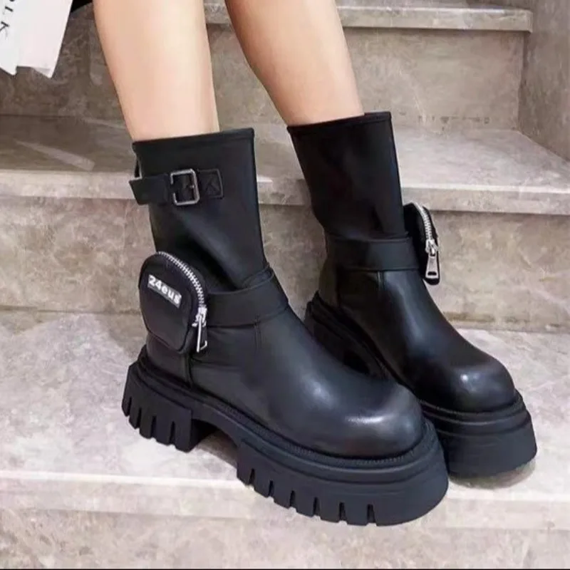 

Women Ankle Boots New Winter Black Leather Platform Boots Women Slip on Chunky Heel Designer Shoes for Women Botas De Mujer