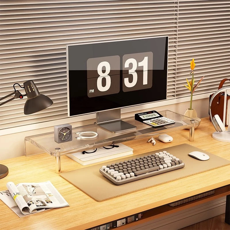 Desk Setup Monitor And Laptop - アクリル製モニター台、デスク用スタンド、パソコン用ディスプレイスタンド、家庭用またはオフィス用のデスクトップオーガナイザー、省スペース設計。