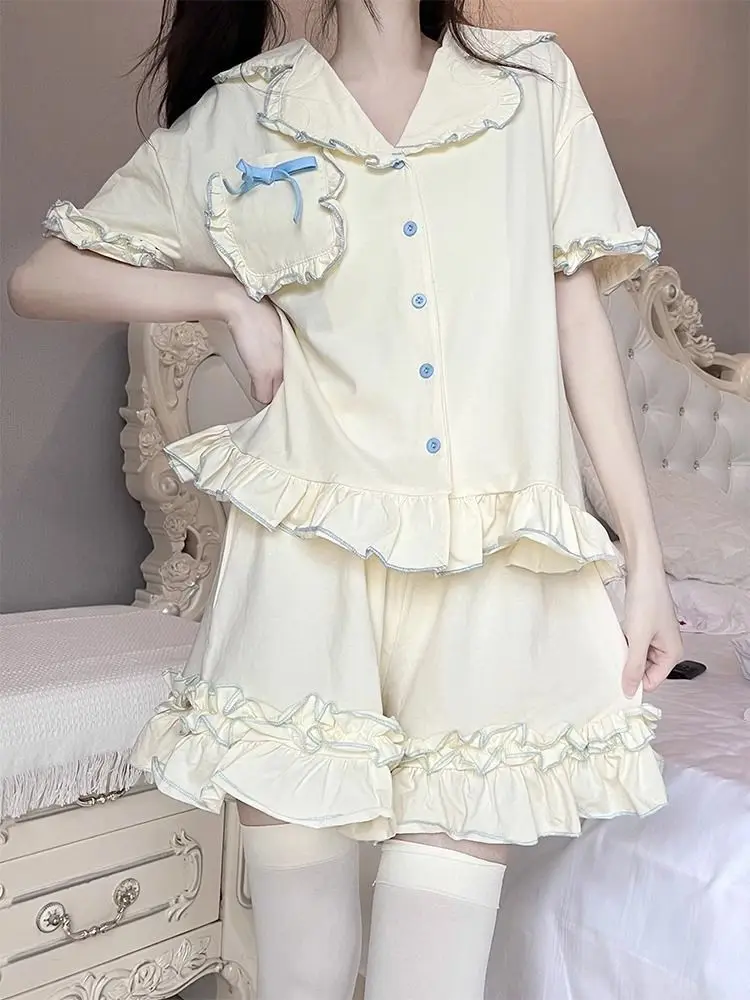 Sweet Sleepwear Women Pajama Sets Lingerie Short Sleeve Cardigan Shorts Princess Japanese Loungewear Kawaii Ruffles Pajamas