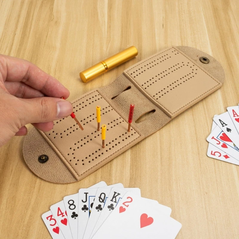 Vouwde cribbage board met metalen pennen lederen cribbage bord spelset draagbaar bordspel voor indoor campingspel