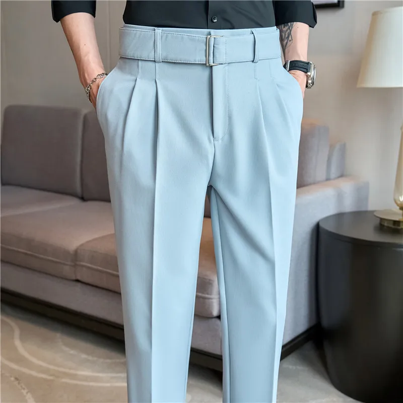 

British Style Autumn New Belt Decorative Design Suit Pants Men Neapolitan High Waisted Casual Slim Fit Social Pleated Trousers