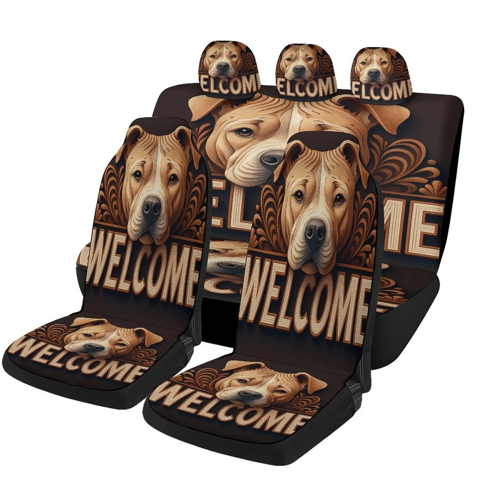 Set Of Car Seat Covers Featuring A Dog Welcome Sign, Suitable For Various Vehicles. These Stylish And High-Quality Protectors In