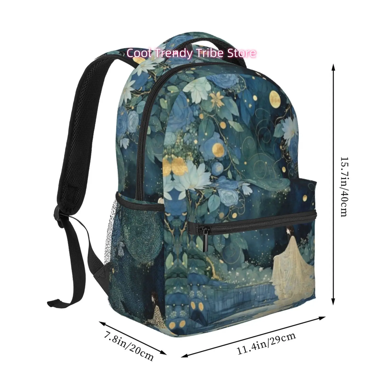 Dark Teal Blue Golden Line Moon Blue Rose Ancient Lady Oriental Watercolor Print Travel Backpack, Large Capacity with Adjustable
