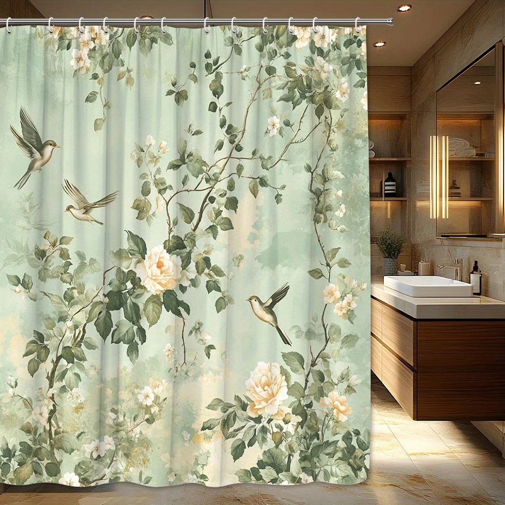 1pc Vintage Floral Pattern with Roses and Birds Shower Curtain Featuring Delicate Yellow Roses, Green Leaves, and Detailed Birds