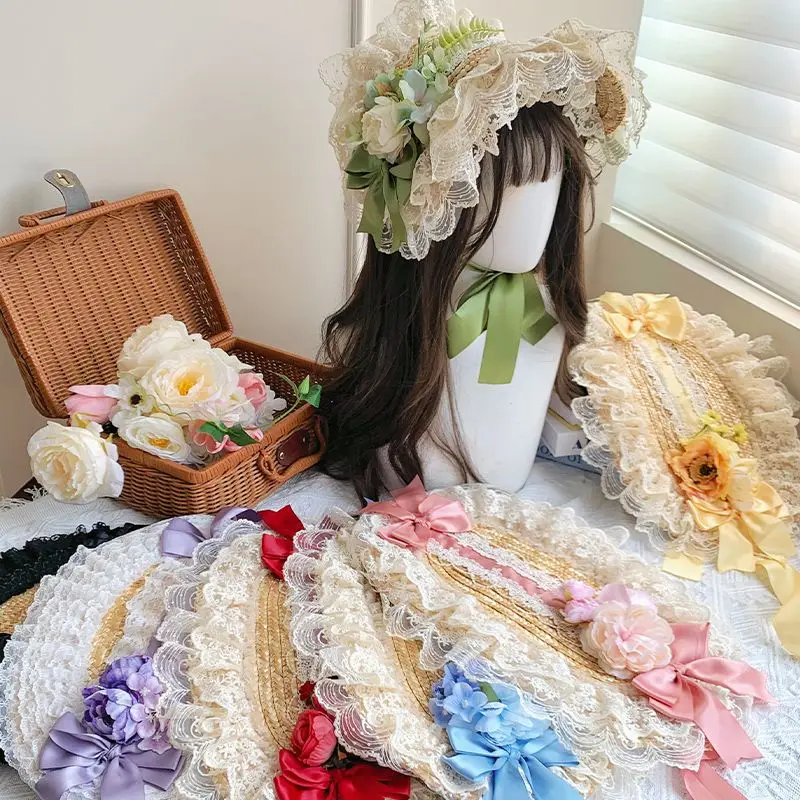 ロリータフラワーエレガントフラットハット織り帽子フラワーウェディングティーパーティー牧歌的な麦わら帽子レースヨーロッパスタイルの衣類アクセサリー