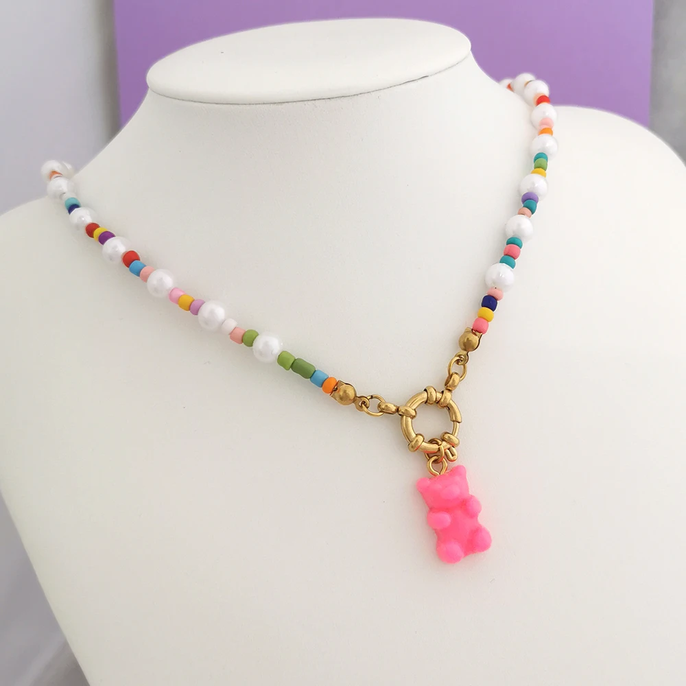 Damen-Halskette Boho Candy Bear Charm Perlen Regenbogen-Choker Imitationsperlen Edelstahl Federverschluss DIY Großhandel Perlen – Detail 8