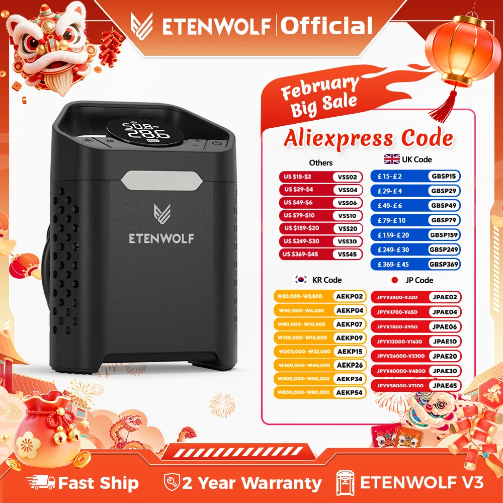 Новый портативный насос для накачки шин ETENWOLF V3, 160 фунтов на квадратный дюйм, автомобильный компрессор, 100% рабочий цикл, 7800 мАч, воздушный насос для автомобилей, мотоциклов, велосипедов