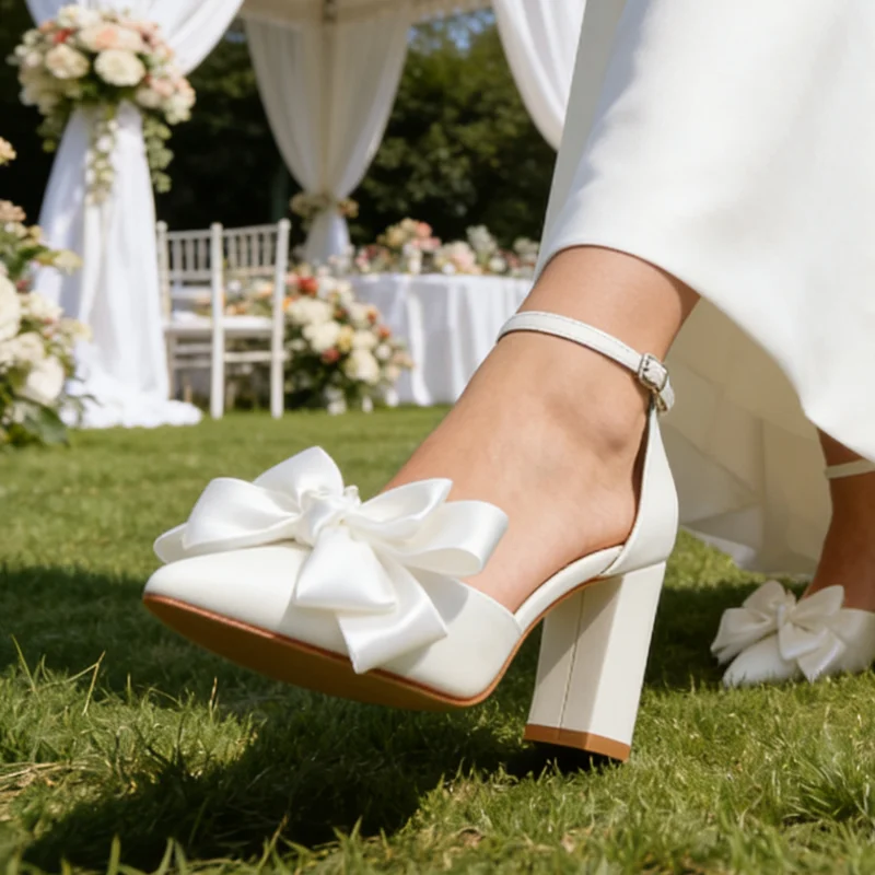 

New Leather Solid Snow White Wedding Banquet Ball Thick Heel Pointed Hollow High Quality BowKnot High Heel Sexy Women's Shoes